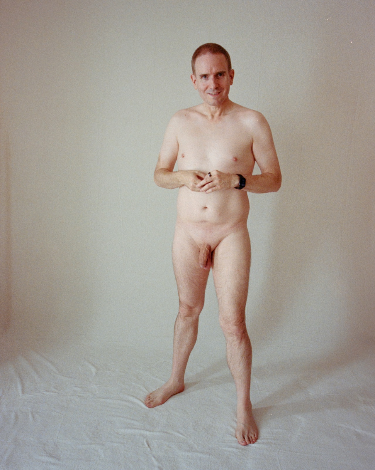 SJ Nude standing fully nude on a white backdrop, Kodak Portra 400, San Jose